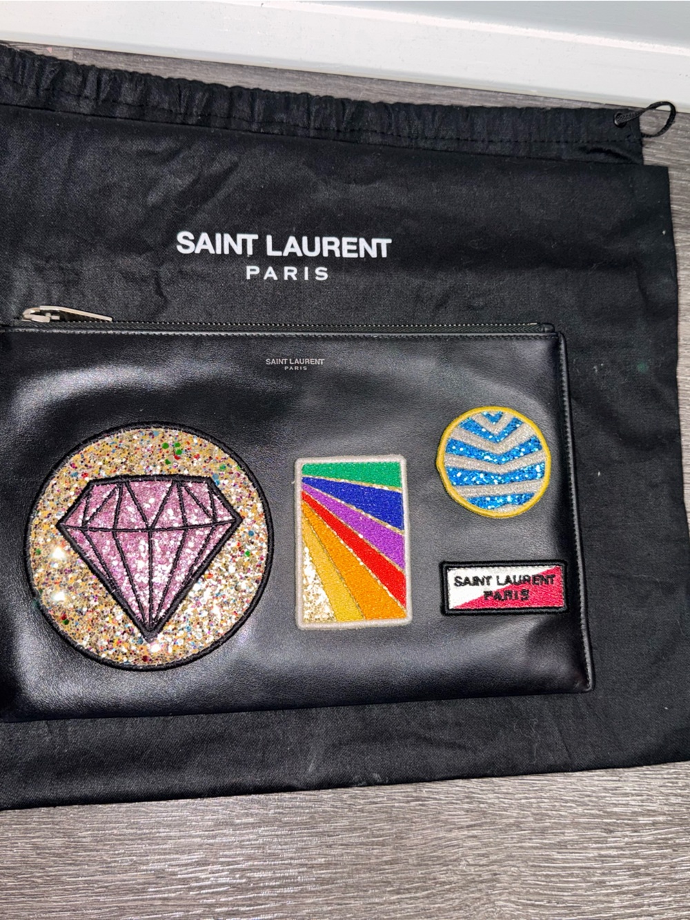 Saint Laurent Black Leather Patch Pouch with Multicolor Glitter Badges